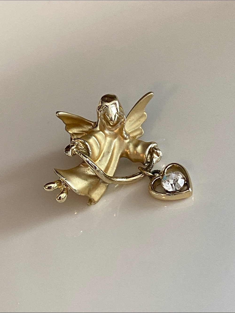 Gold Angel Brooch with Heart Crystal Accent